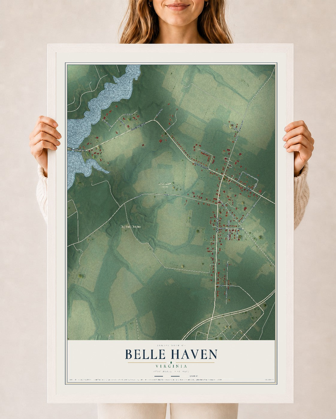Map of Belle Haven, Virginia, 24 x 36 inch print in a white wood frame