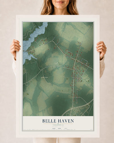 Map of Belle Haven, Virginia, 24 x 36 inch print in a white wood frame