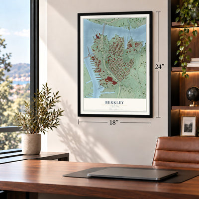 Berkley, Virginia map, 18 x 24 inch print in a black frame in a home office