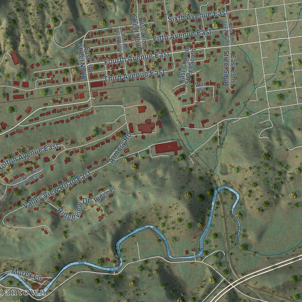 Second close-up of the map of Big Stone Gap, Virginia print showing more streets and buildings