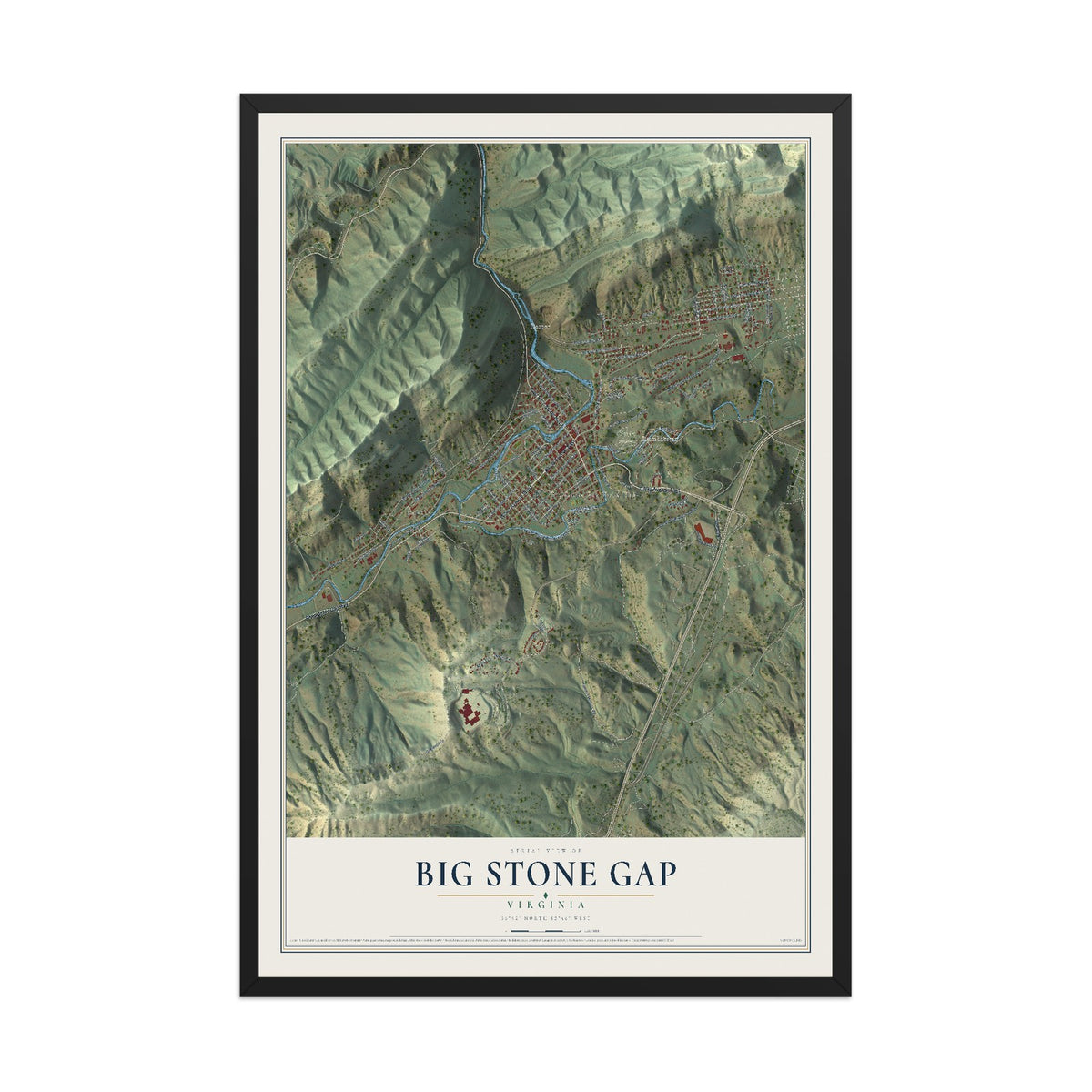 Map of Big Stone Gap, Virginia, 12 x 18 inch print in a black wood frame
