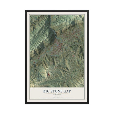 Map of Big Stone Gap, Virginia, 12 x 18 inch print in a black wood frame