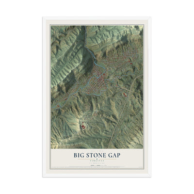 Map of Big Stone Gap, Virginia, 12 x 18 inch print in a white wood frame