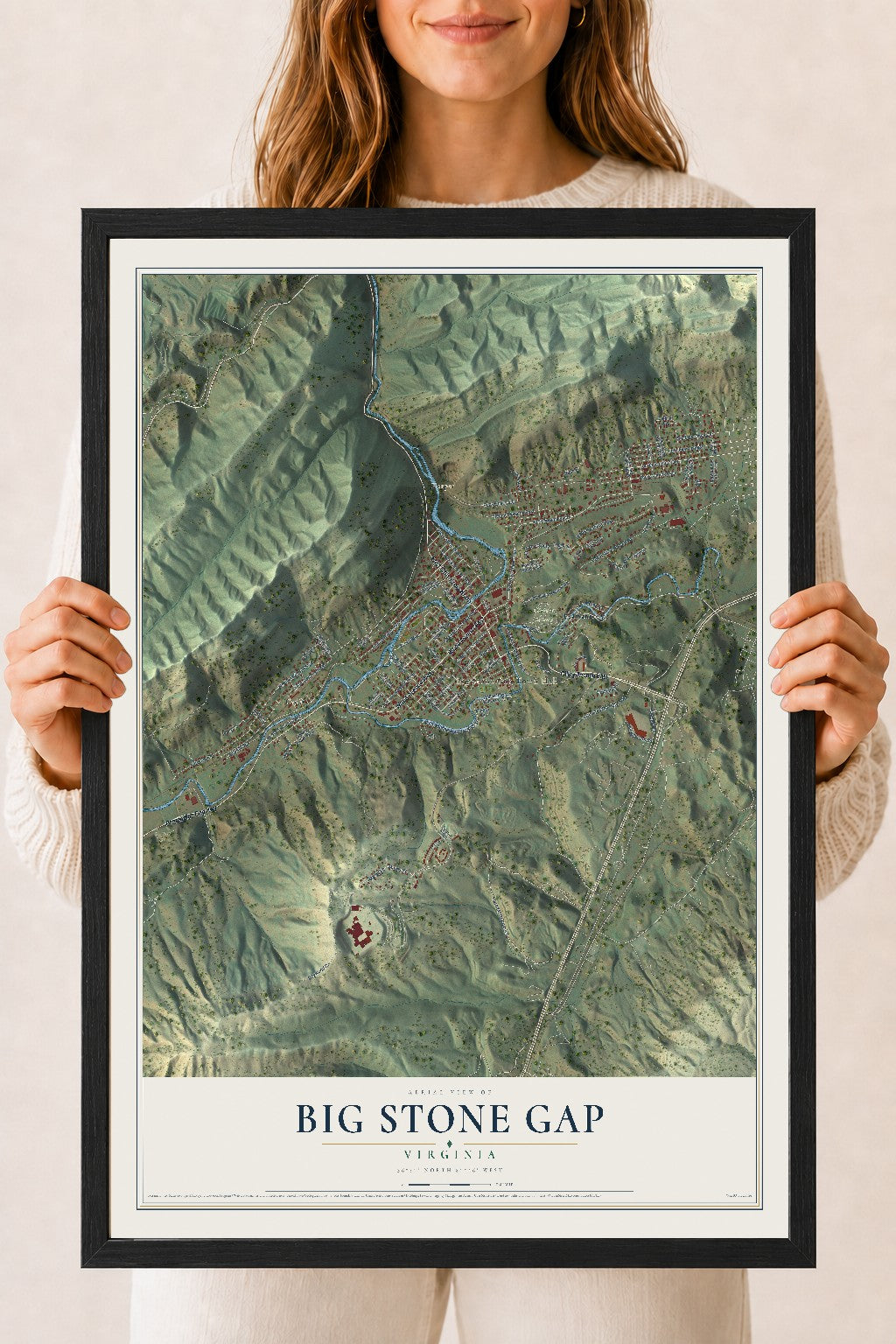Map of Big Stone Gap, Virginia, 18 x 24 inch print in a black wood frame