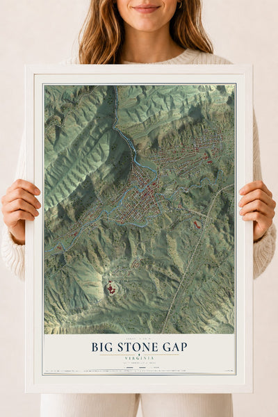 Map of Big Stone Gap, Virginia, 18 x 24 inch print in a white wood frame