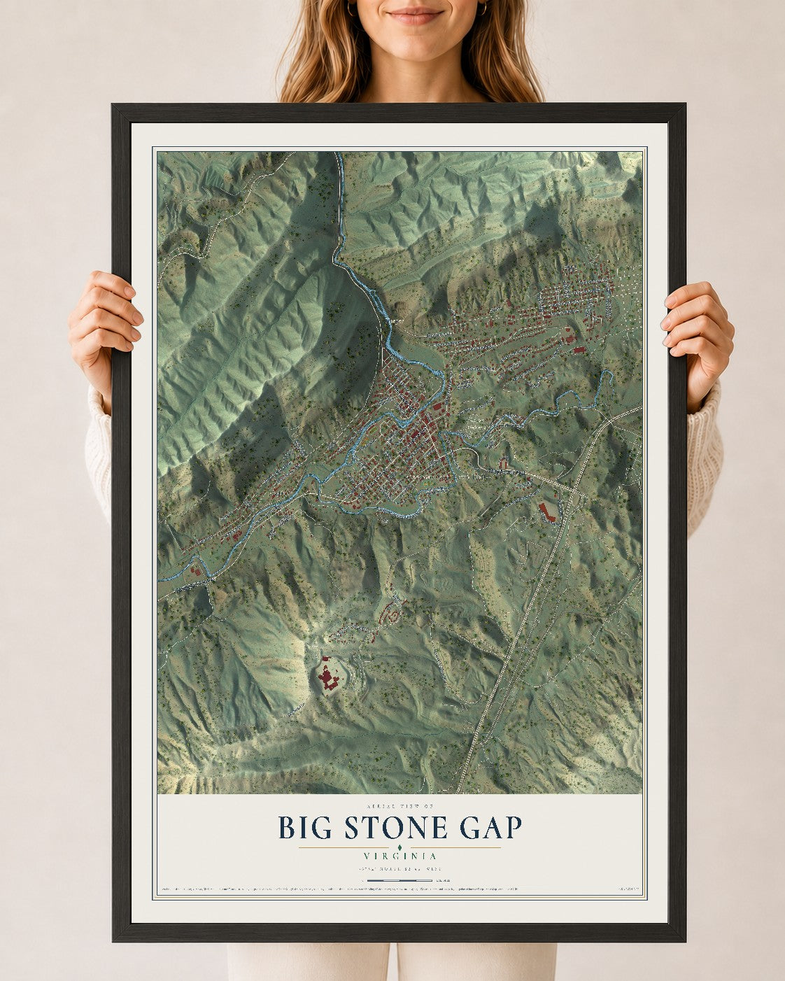 Map of Big Stone Gap, Virginia, 24 x 36 inch print in a black wood frame