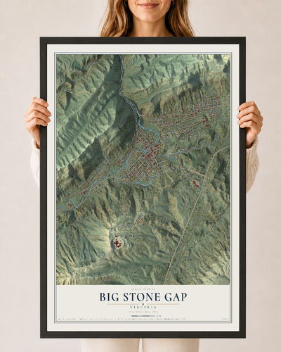 Map of Big Stone Gap, Virginia, 24 x 36 inch print in a black wood frame