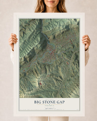 Map of Big Stone Gap, Virginia, 24 x 36 inch print in a white wood frame