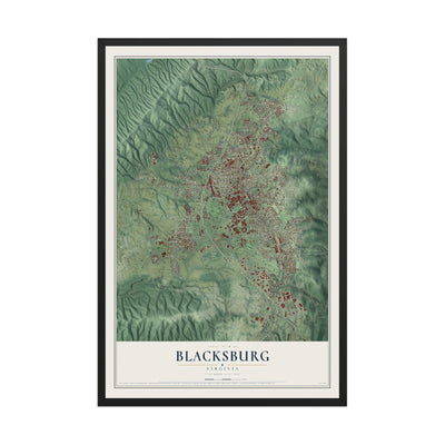 Map of Blacksburg, Virginia, 12 x 18 inch print in a black wood frame