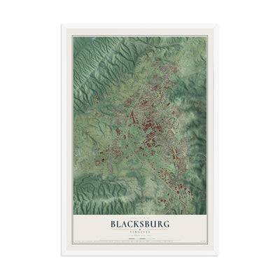 Map of Blacksburg, Virginia, 12 x 18 inch print in a white wood frame