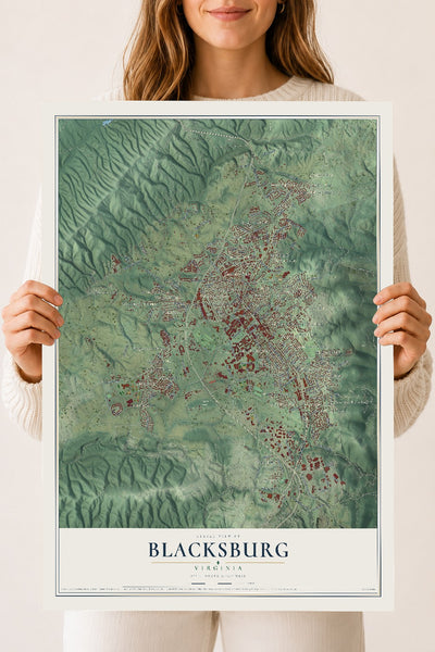 Map of Blacksburg, Virginia, 18 x 24 inch unframed archival matte print