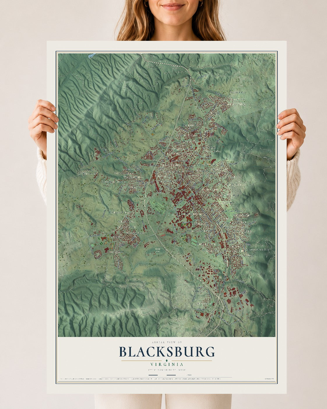 Map of Blacksburg, Virginia, 24 x 36 inch unframed archival matte print
