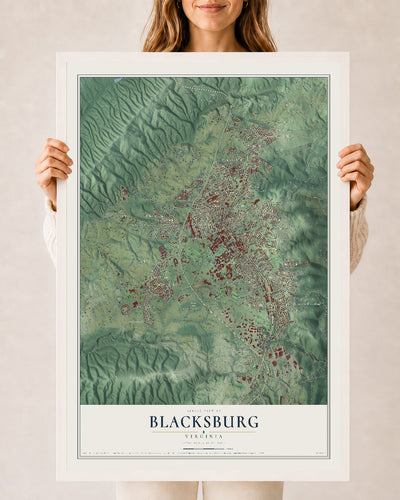Map of Blacksburg, Virginia, 24 x 36 inch print in a white wood frame