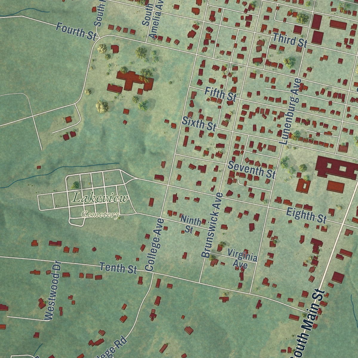 Second close-up of the map of Blackstone, Virginia print showing more streets and buildings