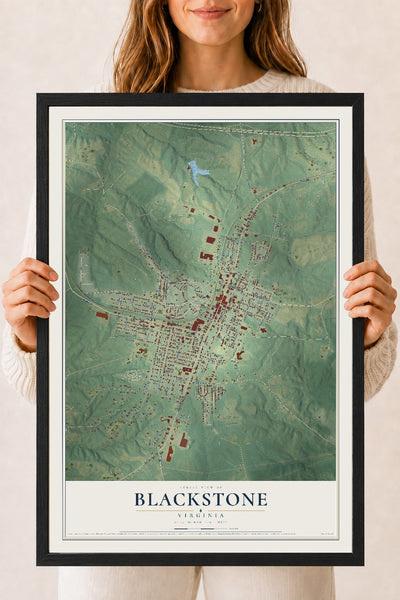 Map of Blackstone, Virginia, 18 x 24 inch print in a black wood frame