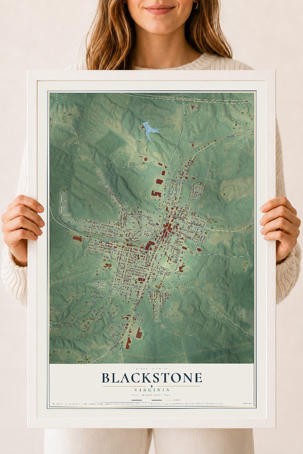 Map of Blackstone, Virginia, 18 x 24 inch print in a white wood frame
