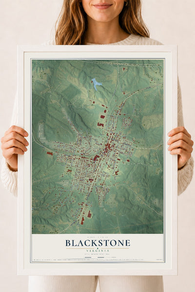 Map of Blackstone, Virginia, 18 x 24 inch print in a white wood frame