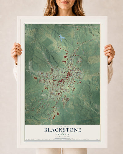 Map of Blackstone, Virginia, 24 x 36 inch print in a white wood frame