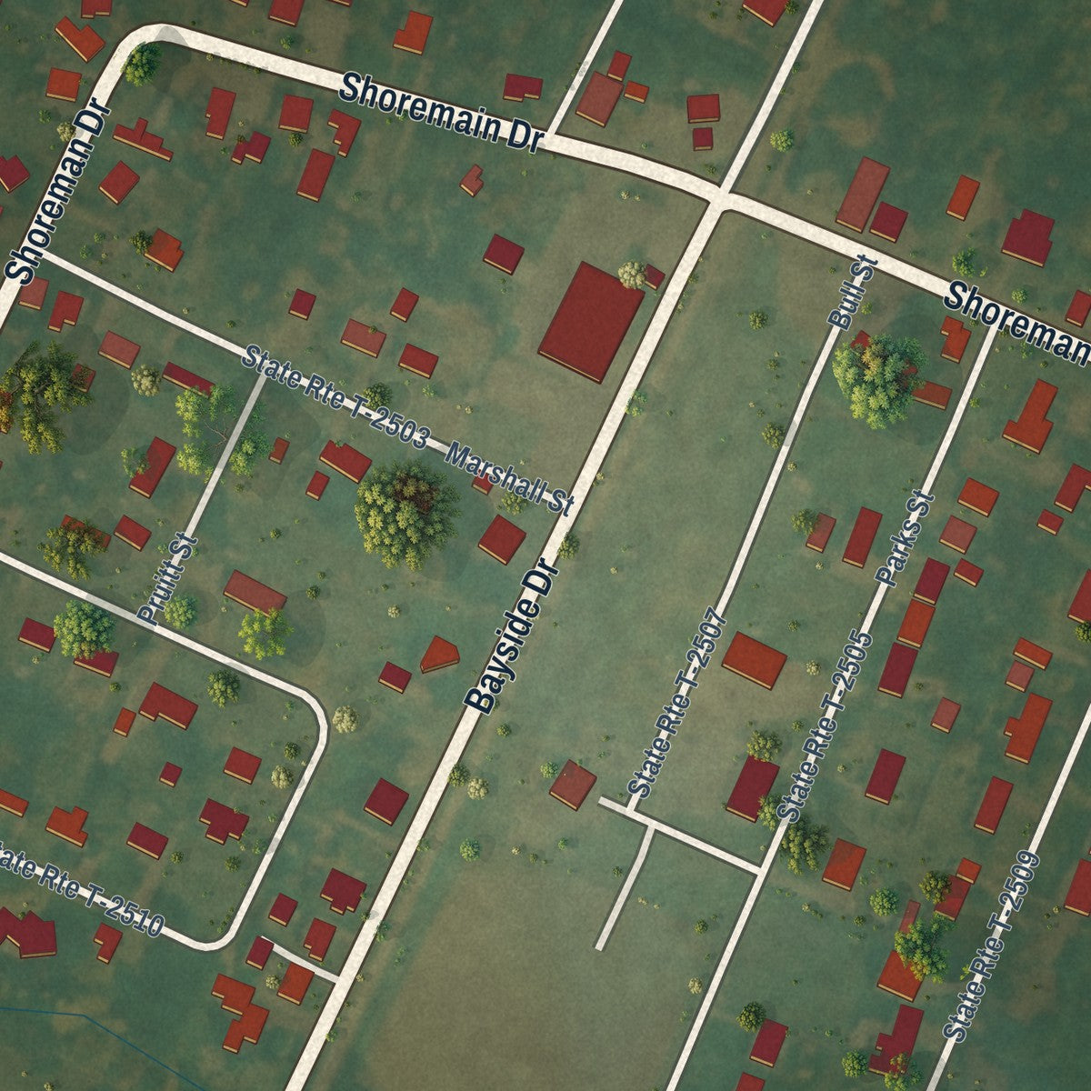 Close-up of the map of Bloxom, Virginia print showing street and building detail