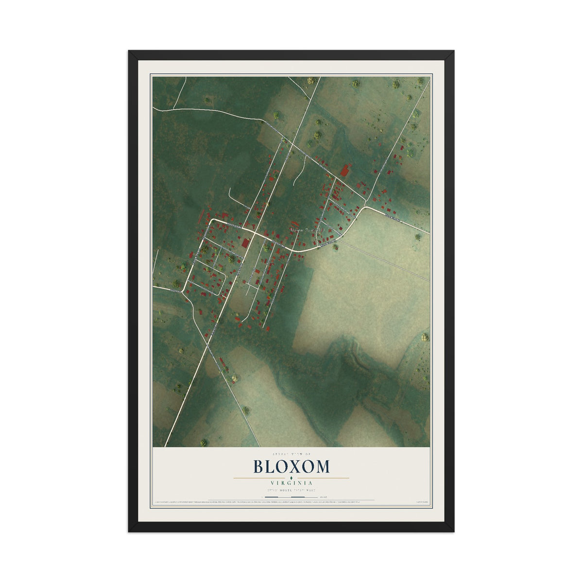 Map of Bloxom, Virginia, 12 x 18 inch print in a black wood frame