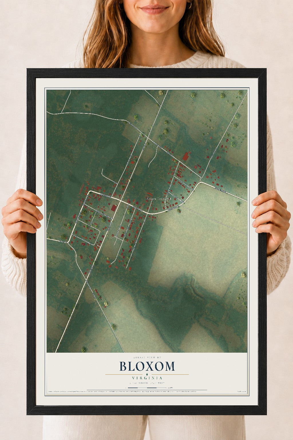Map of Bloxom, Virginia, 18 x 24 inch print in a black wood frame