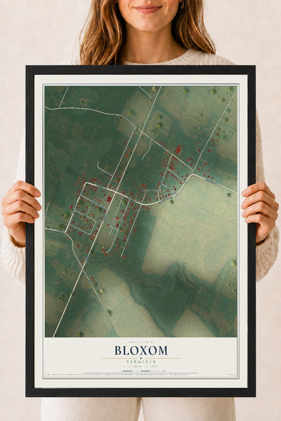 Map of Bloxom, Virginia, 18 x 24 inch print in a black wood frame
