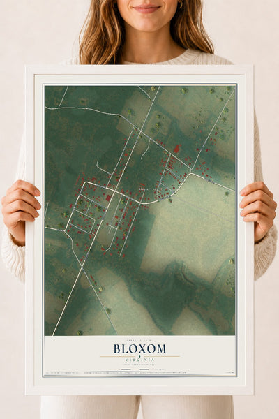 Map of Bloxom, Virginia, 18 x 24 inch print in a white wood frame