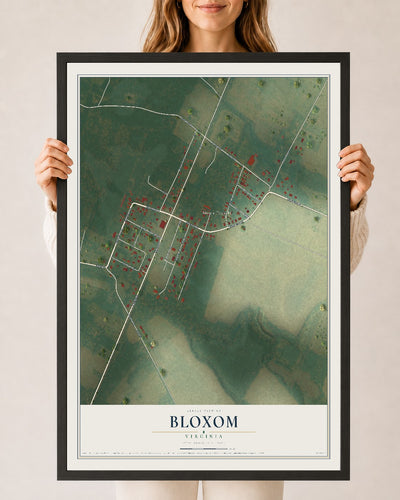 Map of Bloxom, Virginia, 24 x 36 inch print in a black wood frame