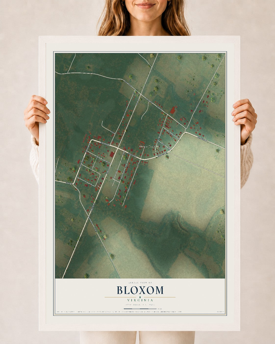 Map of Bloxom, Virginia, 24 x 36 inch print in a white wood frame