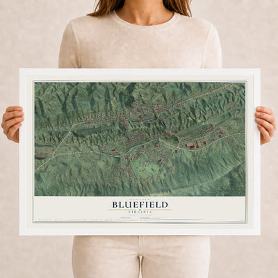 Map of Bluefield, Virginia, 12 x 18 inch print in a white wood frame