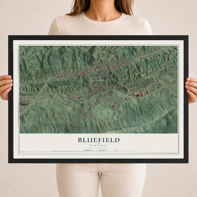 Map of Bluefield, Virginia, 18 x 24 inch print in a black wood frame