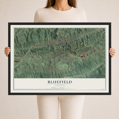 Map of Bluefield, Virginia, 24 x 36 inch print in a black wood frame