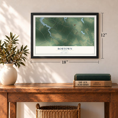 Bobtown, Virginia map, 12 x 18 inch print in a black frame in an entryway