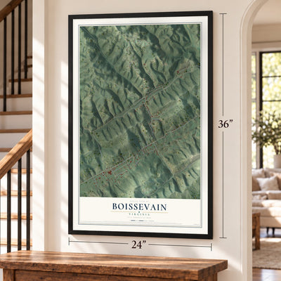 Boissevain, Virginia map, 24 x 36 inch print in a black frame by a staircase