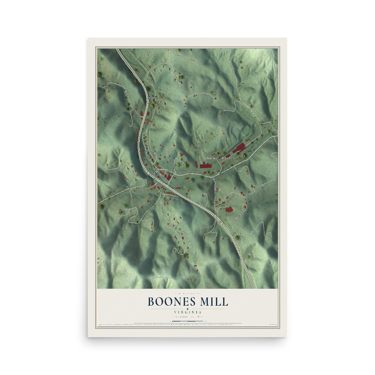 Map of Boones Mill, Virginia, 12 x 18 inch unframed archival matte print