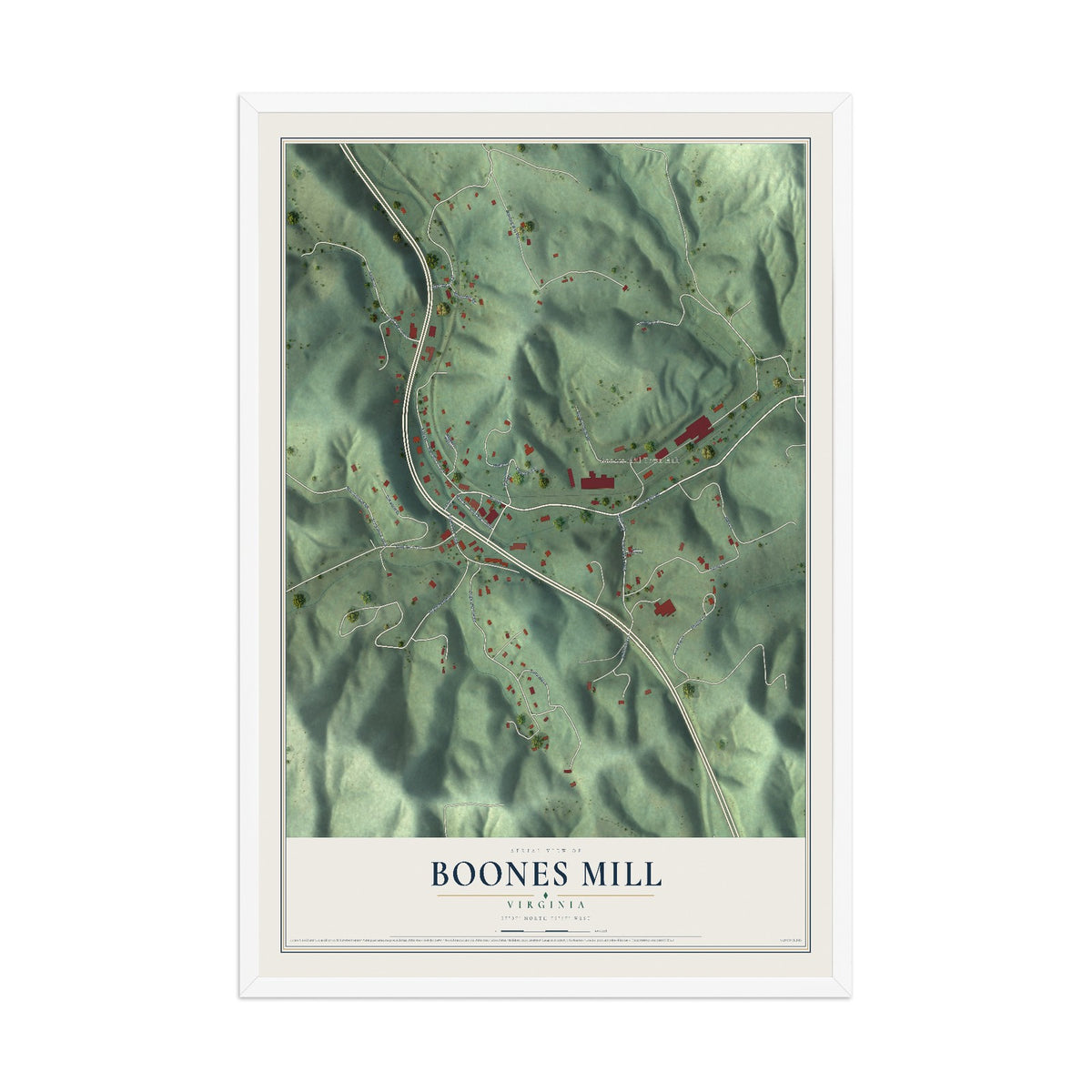 Map of Boones Mill, Virginia, 12 x 18 inch print in a white wood frame