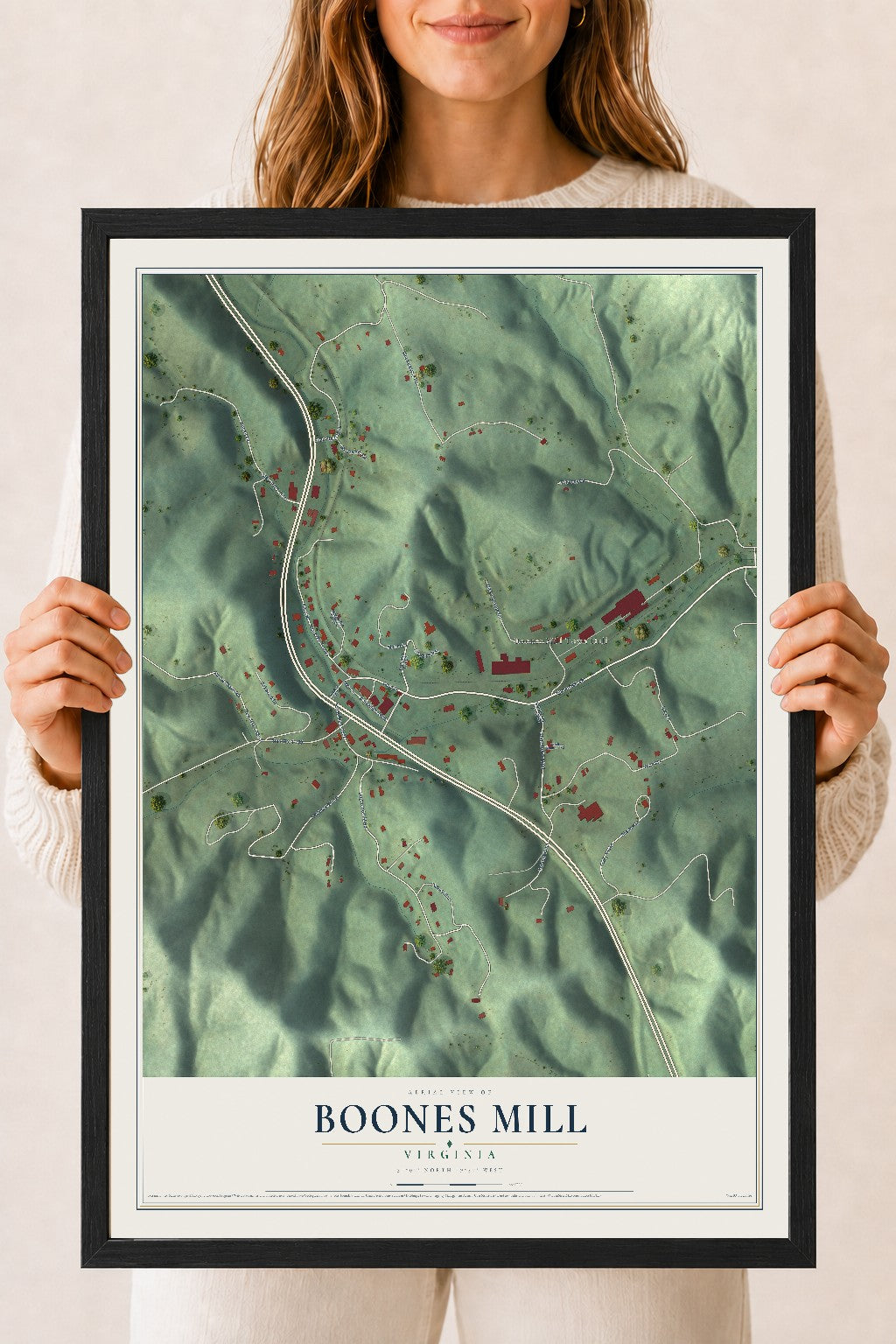 Map of Boones Mill, Virginia, 18 x 24 inch print in a black wood frame
