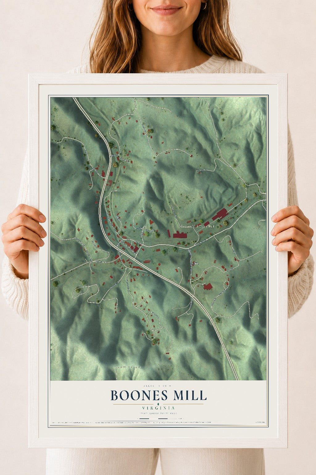 Map of Boones Mill, Virginia, 18 x 24 inch print in a white wood frame