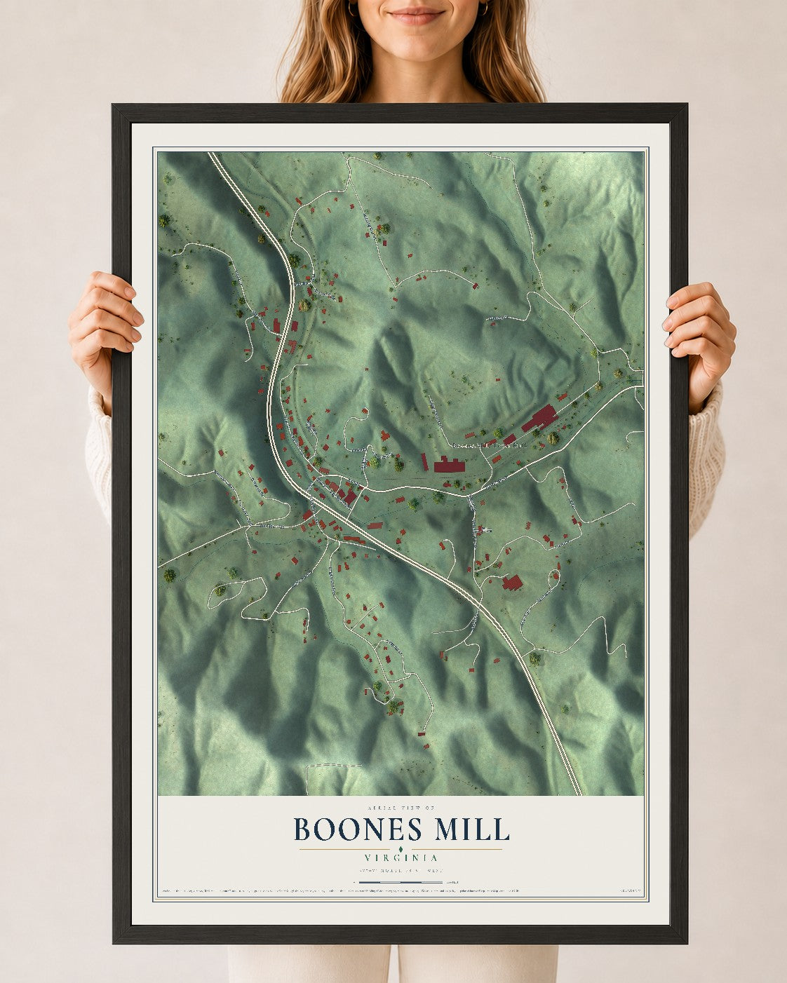 Map of Boones Mill, Virginia, 24 x 36 inch print in a black wood frame