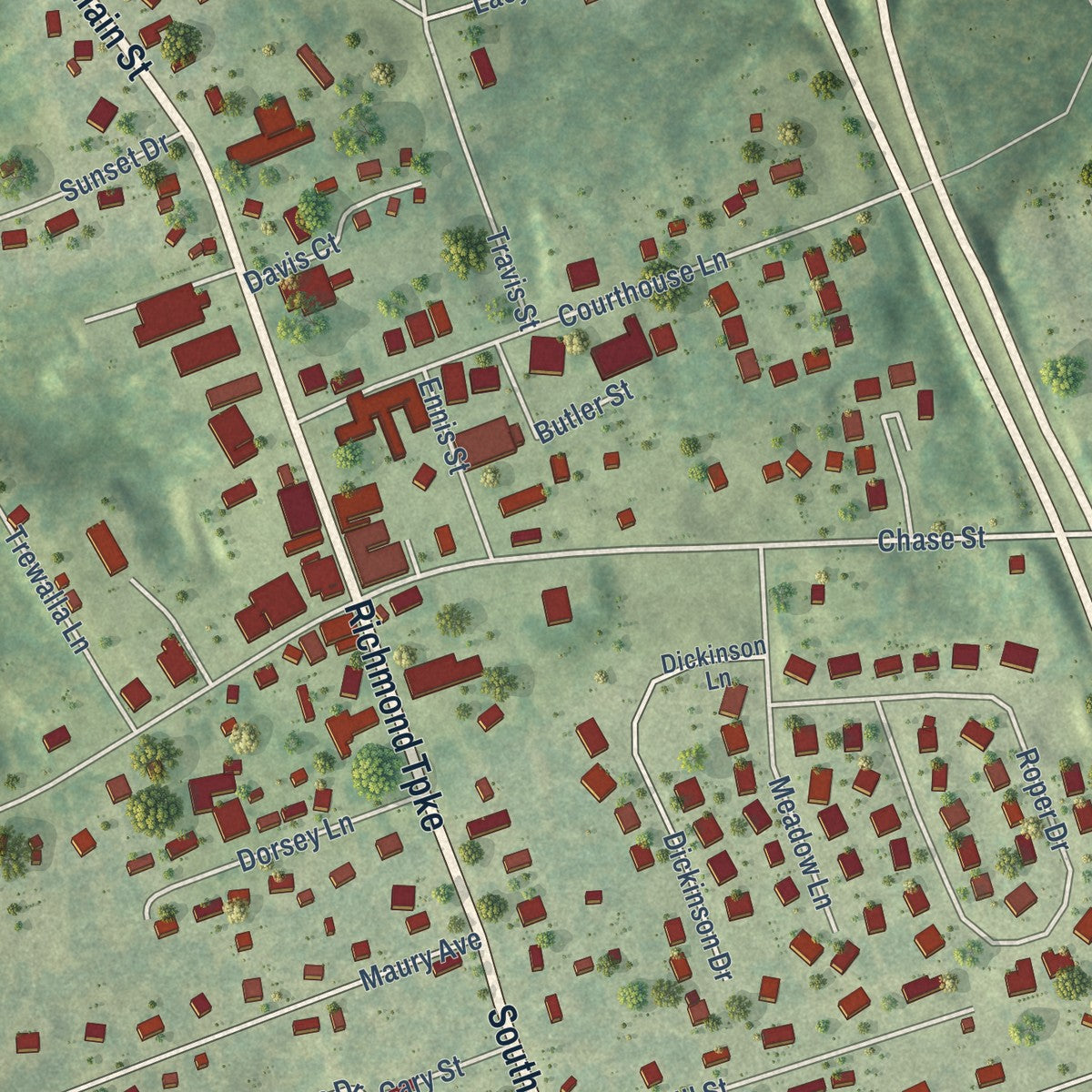 Close-up of the map of Bowling Green, Virginia print showing street and building detail