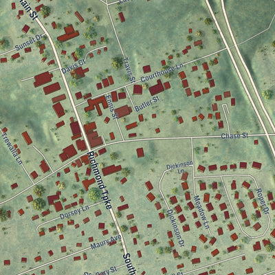 Close-up of the map of Bowling Green, Virginia print showing street and building detail