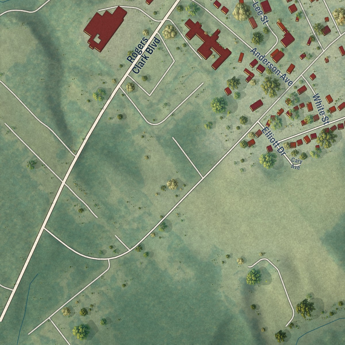 Second close-up of the map of Bowling Green, Virginia print showing more streets and buildings
