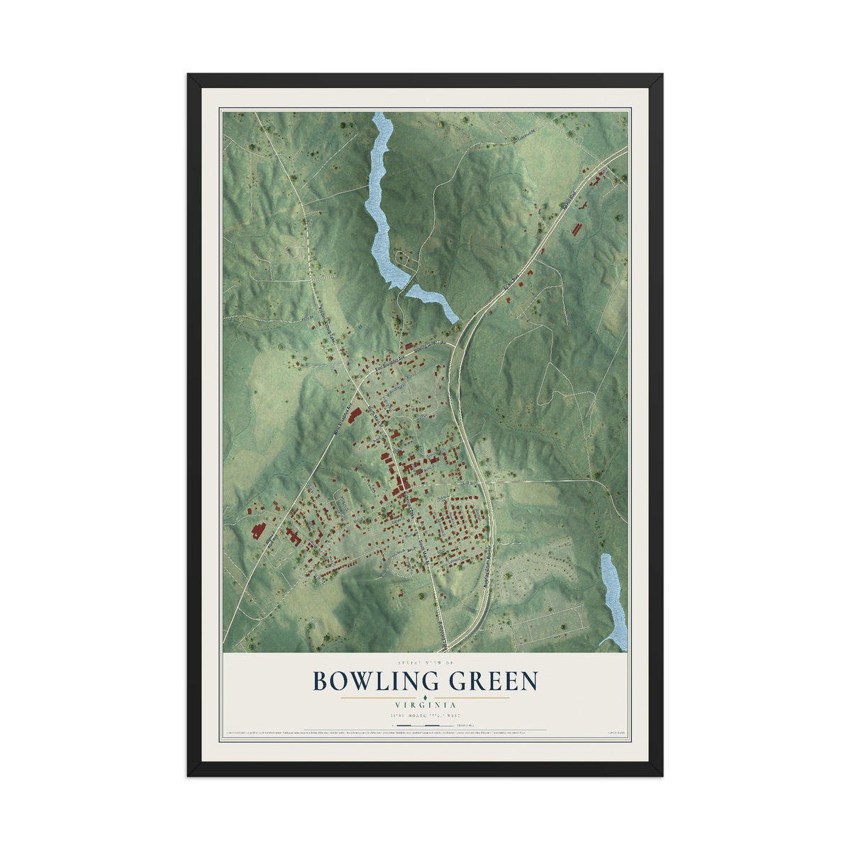 Map of Bowling Green, Virginia, 12 x 18 inch print in a black wood frame