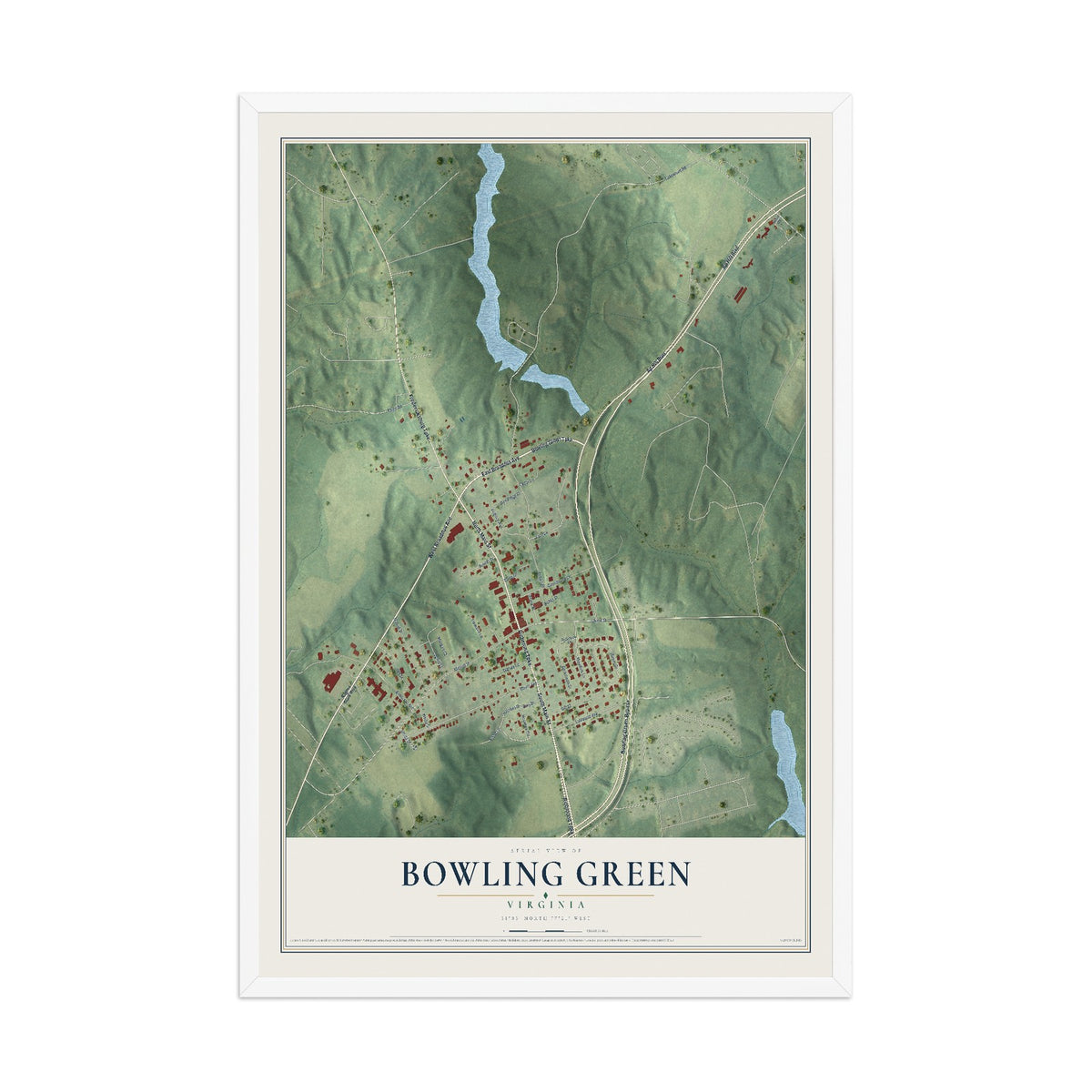 Map of Bowling Green, Virginia, 12 x 18 inch print in a white wood frame