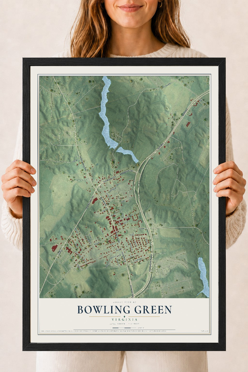 Map of Bowling Green, Virginia, 18 x 24 inch print in a black wood frame