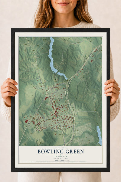 Map of Bowling Green, Virginia, 18 x 24 inch print in a black wood frame