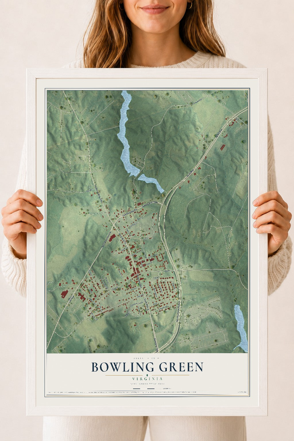 Map of Bowling Green, Virginia, 18 x 24 inch print in a white wood frame