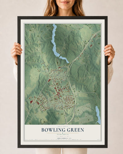 Map of Bowling Green, Virginia, 24 x 36 inch print in a black wood frame