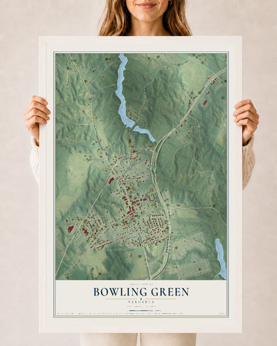 Map of Bowling Green, Virginia, 24 x 36 inch print in a white wood frame