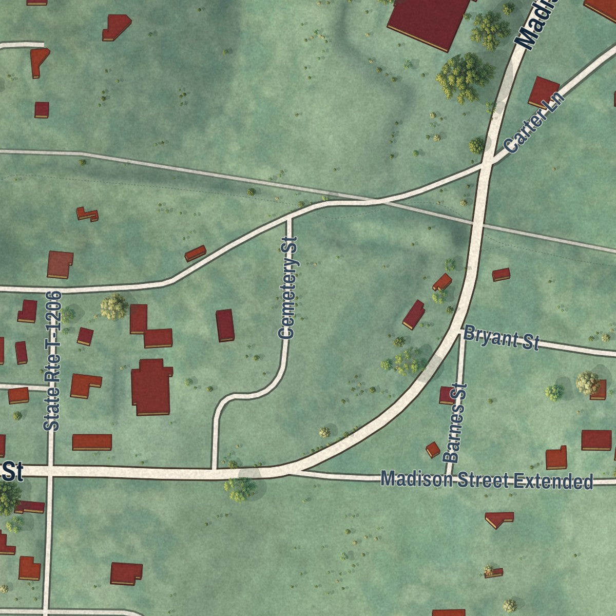 Second close-up of the map of Boydton, Virginia print showing more streets and buildings